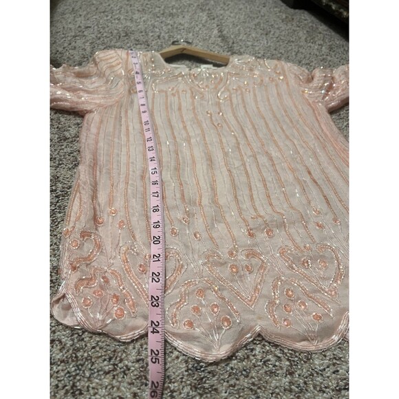 Vintage Exclusive Pale Pink Beads and Sequined Tunic 100% Silk Size Medium - Picture 7 of 8